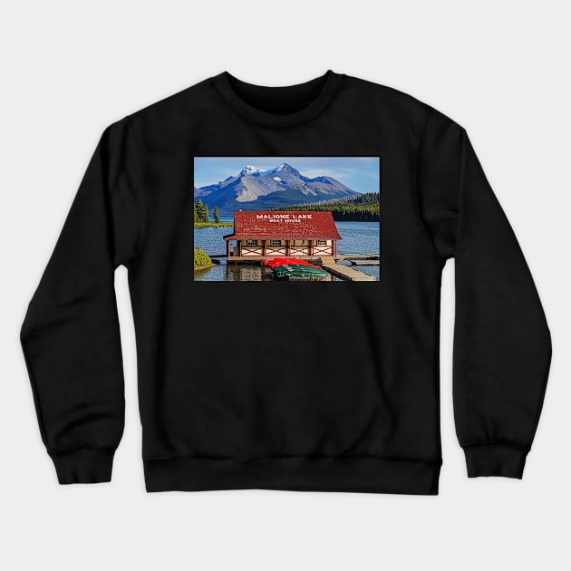 Jasper National Park Maligne Lake Boat House Albert Canada Crewneck Sweatshirt by WayneOxfordPh